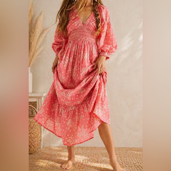 Free People Dresses & Skirts - 🌿 Free People Golden Hour Maxi Dress Coral Pink Boho Smocked XL NWT